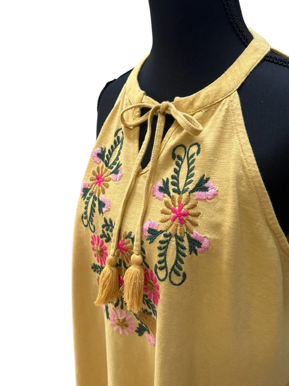 Keep In Touch Boho Hippie Yellow Embroidered Halter Tank Top EUC Size L